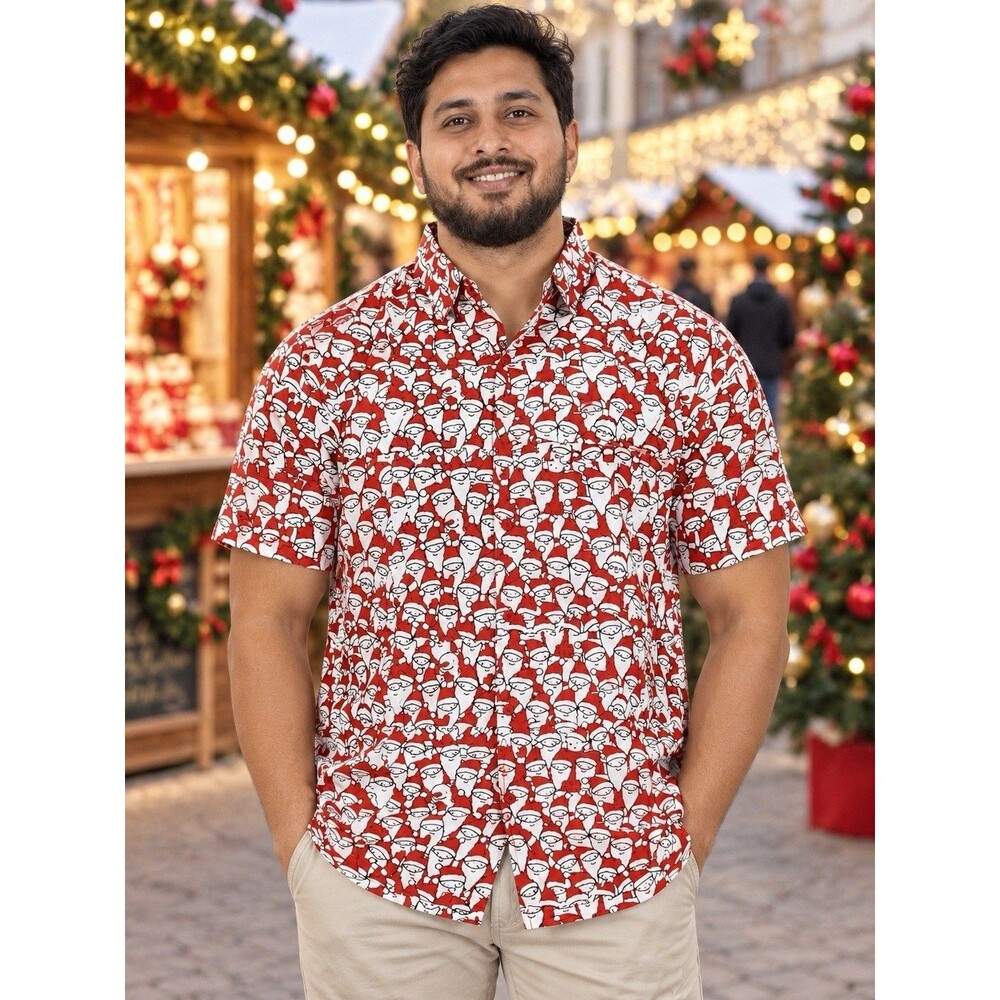 Happy Bay Santa Claus Christmas Shirt XL Red White Short Sleeve Button Up Unisex